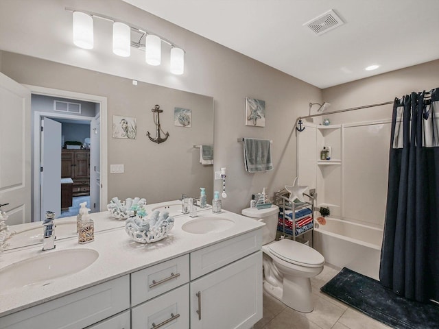 full bathroom with toilet, vanity, shower / bathtub combination with curtain, and tile patterned flooring