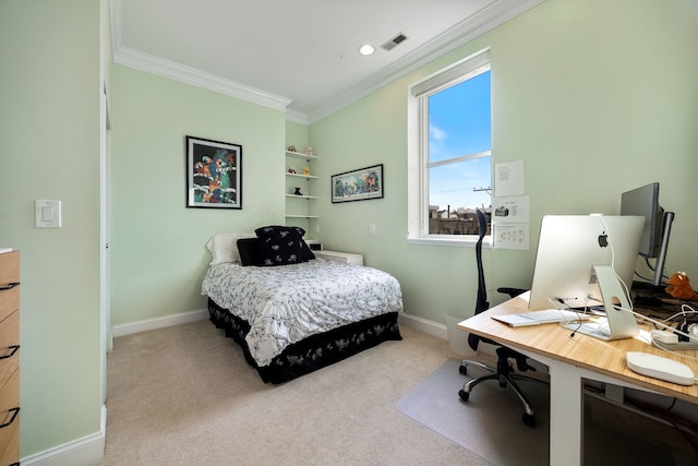 carpeted bedroom with crown molding