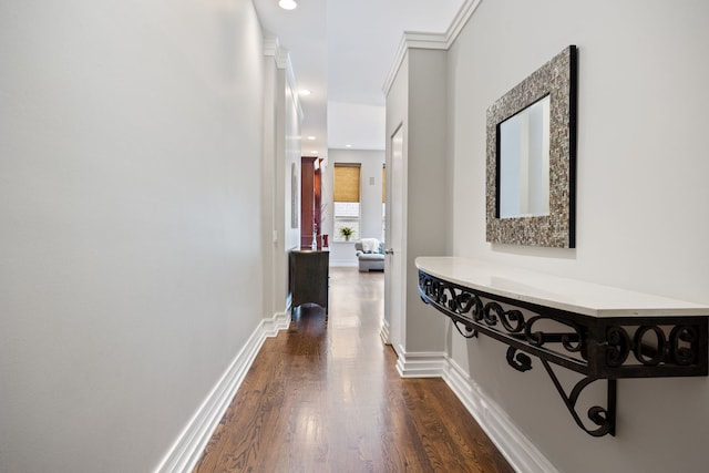 hallway featuring dark hardwood / wood-style flooring and crown molding