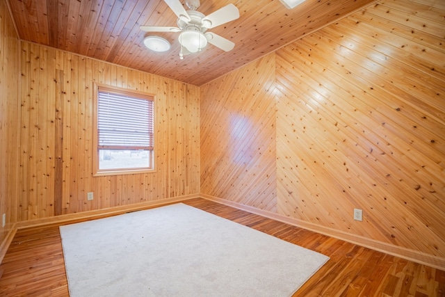 unfurnished room with ceiling fan, wood-type flooring, wooden walls, and wooden ceiling