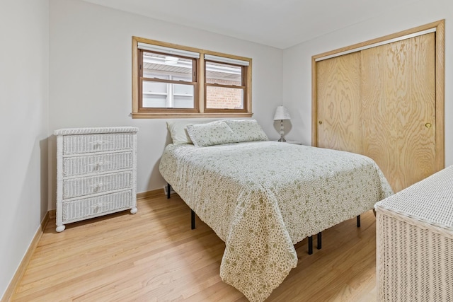 bedroom featuring wood-type flooring and a closet