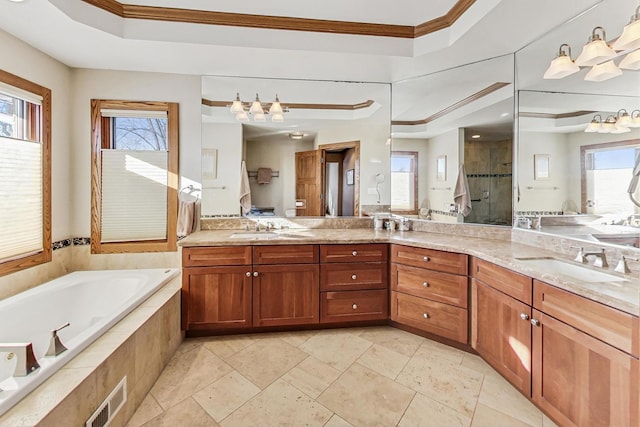 bathroom with ornamental molding, vanity, plus walk in shower, and a raised ceiling