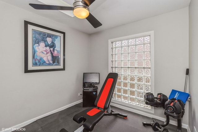 exercise area featuring ceiling fan