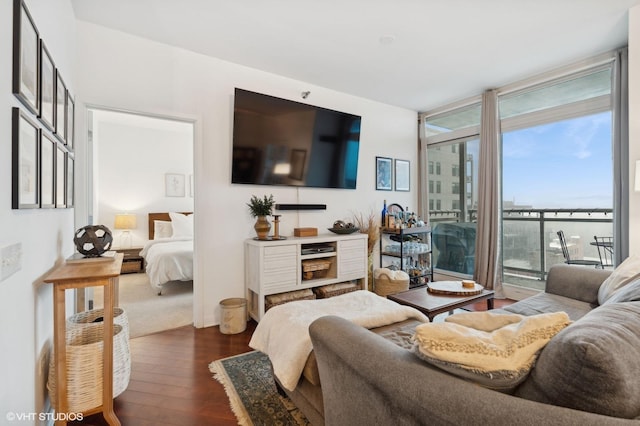 living room featuring a wall of windows and dark hardwood / wood-style floors