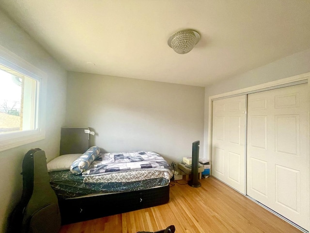 bedroom with a closet and light wood-type flooring