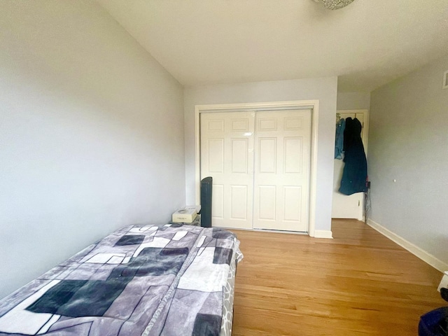 bedroom with wood-type flooring and a closet