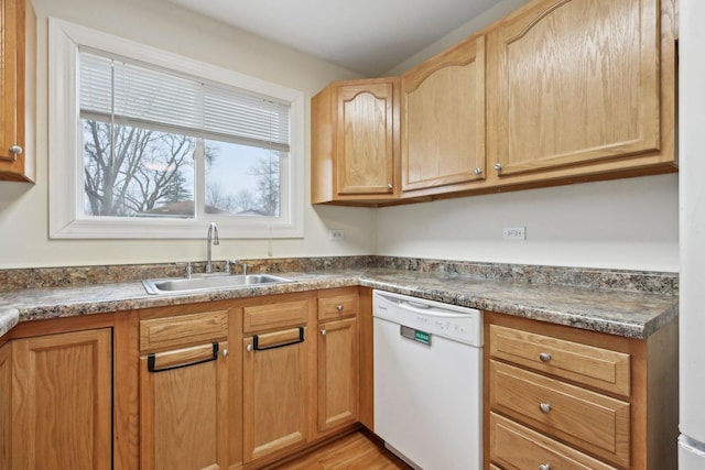 kitchen featuring white dishwasher, sink, and light wood-type flooring