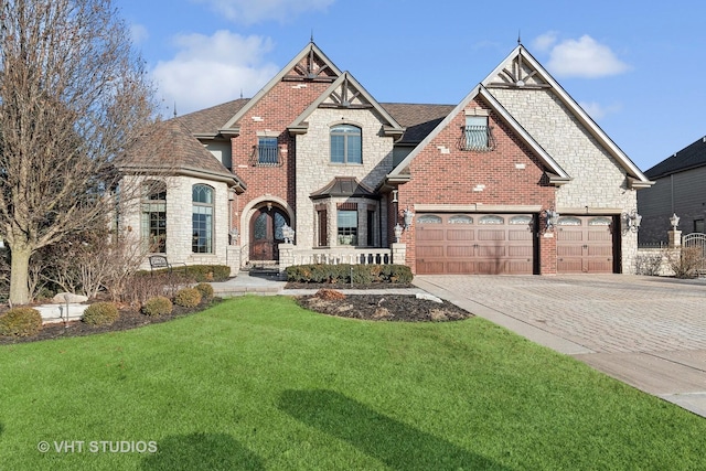 view of front of house with brick siding, decorative driveway, an attached garage, and a front lawn