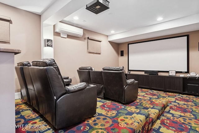 home theater room with recessed lighting, light colored carpet, and a wall mounted air conditioner