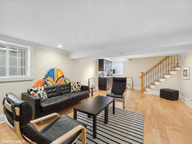 living room featuring crown molding and light hardwood / wood-style flooring