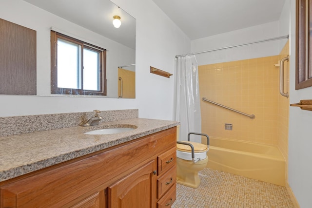 full bathroom featuring shower / tub combo with curtain, tile patterned floors, toilet, and vanity