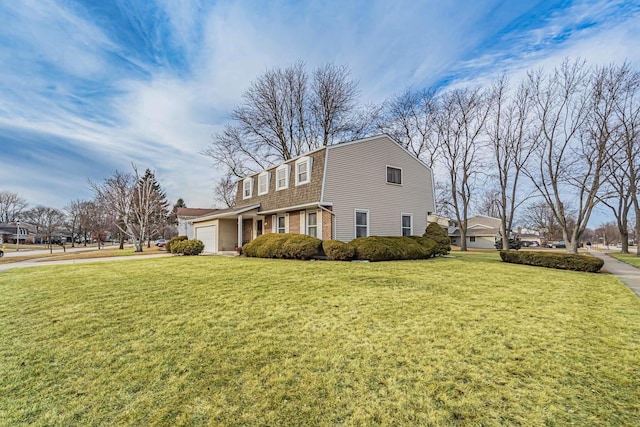 view of property exterior featuring a garage and a lawn