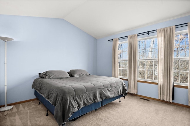 bedroom with lofted ceiling and carpet flooring