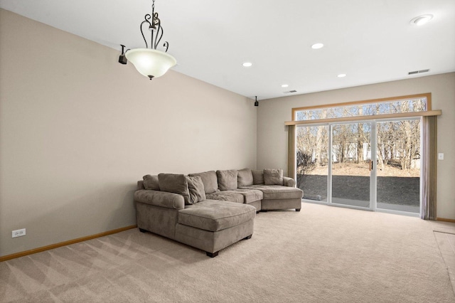 living room with light colored carpet