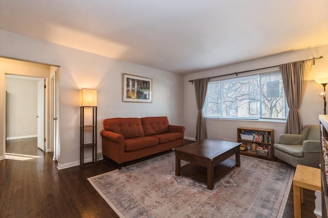 living room featuring dark wood-type flooring