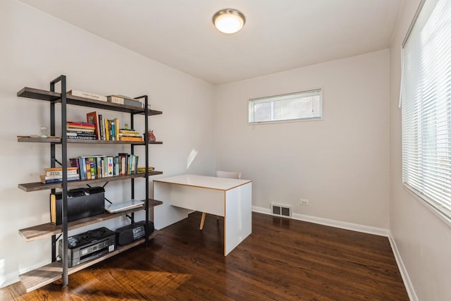 office featuring plenty of natural light and dark wood-type flooring