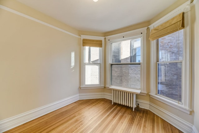 spare room with radiator heating unit and light wood-type flooring