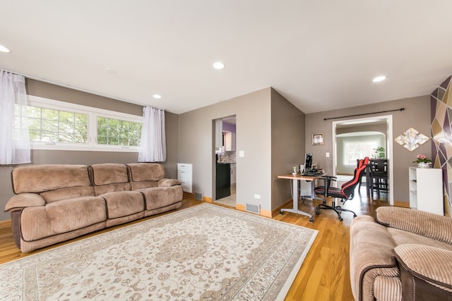 living room featuring plenty of natural light and light hardwood / wood-style flooring