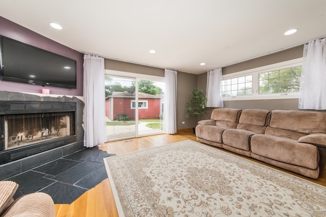 living room with a wealth of natural light and dark hardwood / wood-style flooring