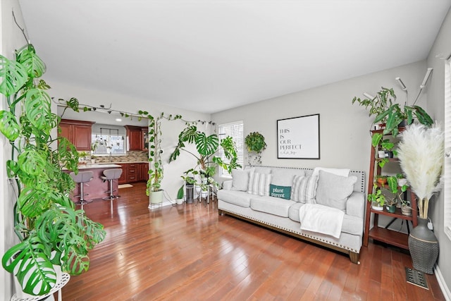 living room with dark hardwood / wood-style floors