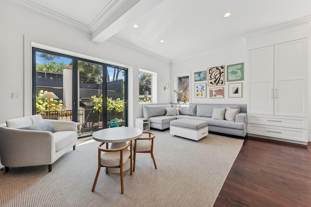 living room featuring beam ceiling, crown molding, and dark wood-type flooring