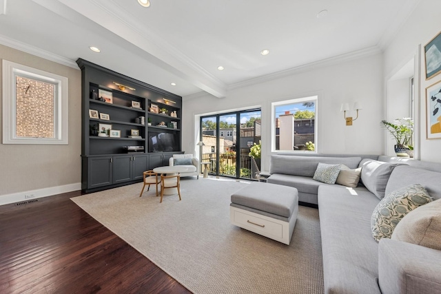 living room with beam ceiling, dark wood-type flooring, and ornamental molding