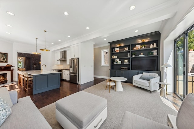 living room with dark hardwood / wood-style flooring, sink, and ornamental molding