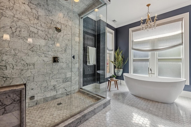 bathroom with a notable chandelier, crown molding, shower with separate bathtub, and tile patterned floors