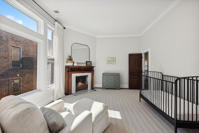 bedroom with light carpet and ornamental molding