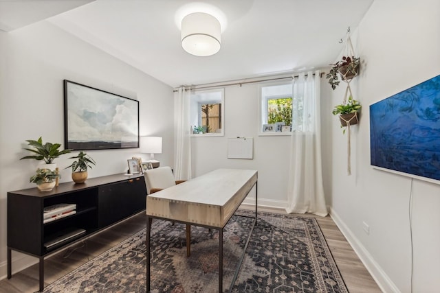 home office featuring dark hardwood / wood-style flooring