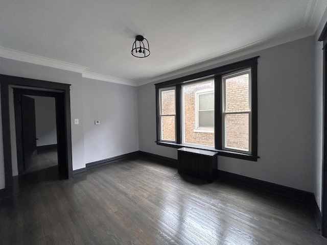 unfurnished room featuring crown molding and dark wood-type flooring