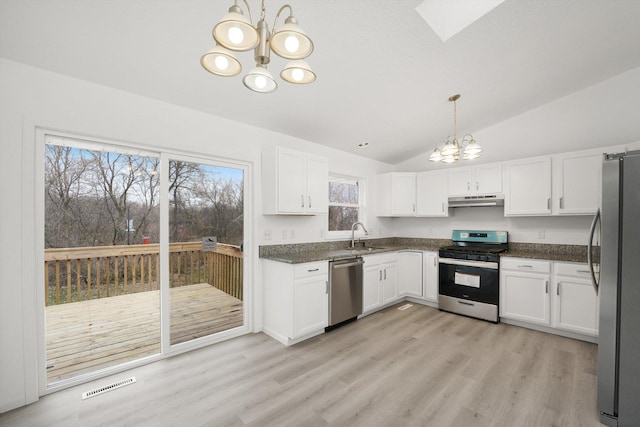 kitchen featuring sink, an inviting chandelier, pendant lighting, stainless steel appliances, and white cabinets