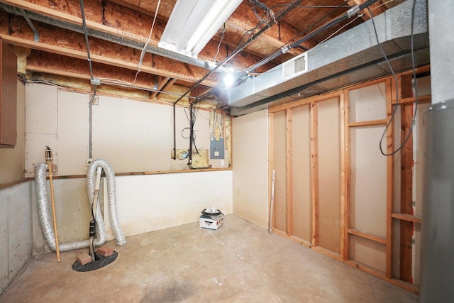 basement featuring water heater and electric panel