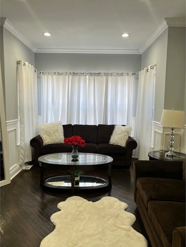 living room featuring dark hardwood / wood-style flooring and crown molding