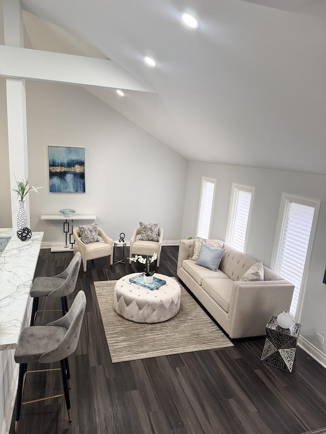 living room with vaulted ceiling and dark wood-type flooring