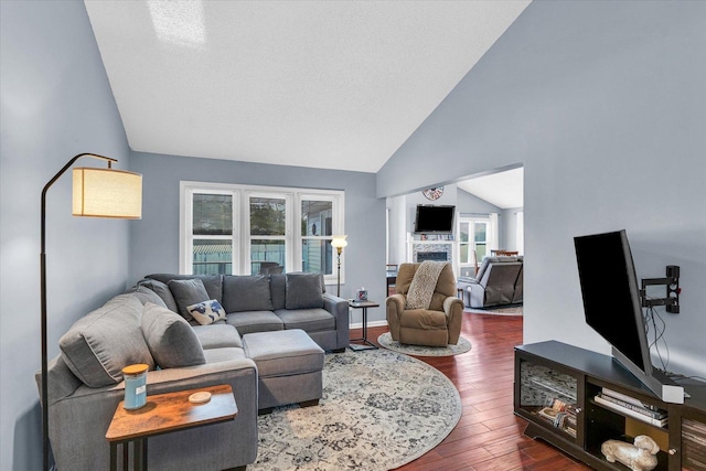 living room featuring lofted ceiling and dark hardwood / wood-style floors