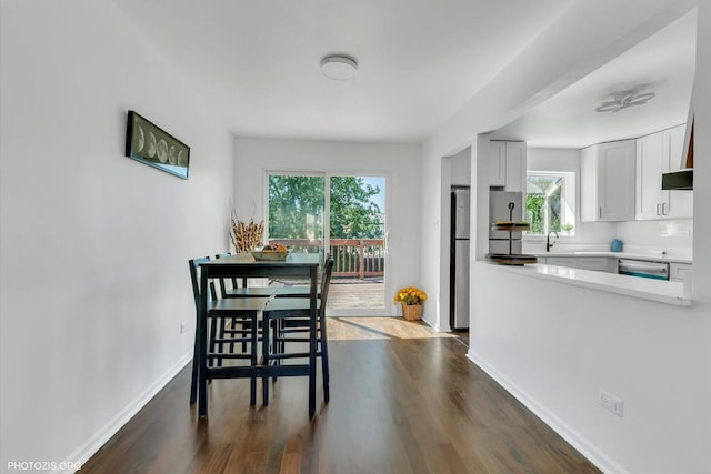 dining room with sink and dark hardwood / wood-style floors