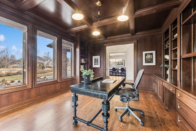 home office with coffered ceiling, wood-type flooring, ornamental molding, and wood walls