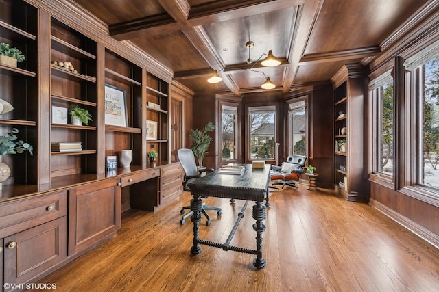 office space with built in desk, built in features, ornamental molding, coffered ceiling, and wooden ceiling