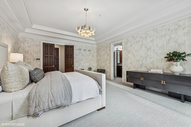 bedroom featuring crown molding, carpet flooring, and a chandelier