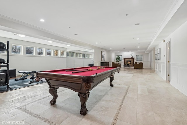 recreation room with pool table and ornamental molding