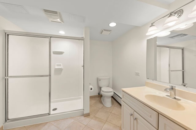 full bathroom featuring toilet, visible vents, and baseboard heating