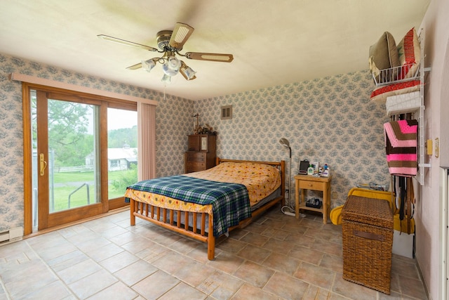 bedroom featuring ceiling fan and access to exterior