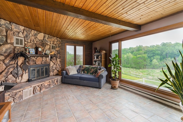 living room with plenty of natural light, wooden ceiling, a fireplace, and baseboard heating