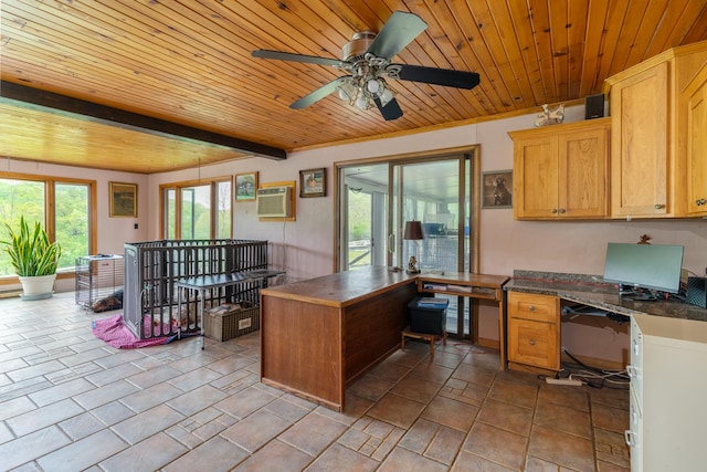 home office with ceiling fan, a wall mounted air conditioner, built in desk, and wooden ceiling