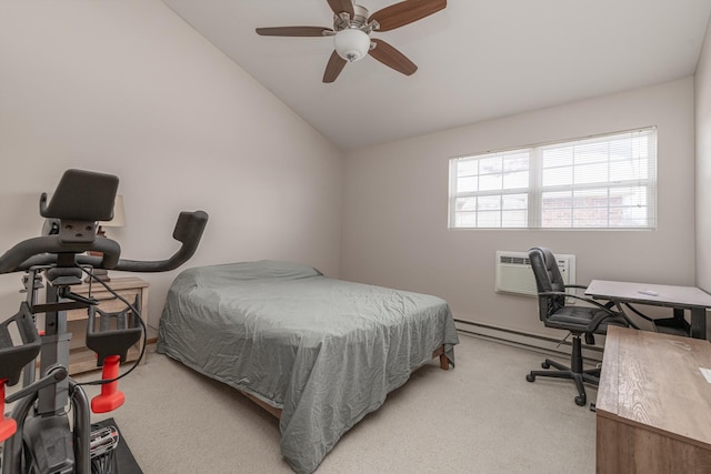 bedroom with baseboard heating, light colored carpet, lofted ceiling, an AC wall unit, and ceiling fan