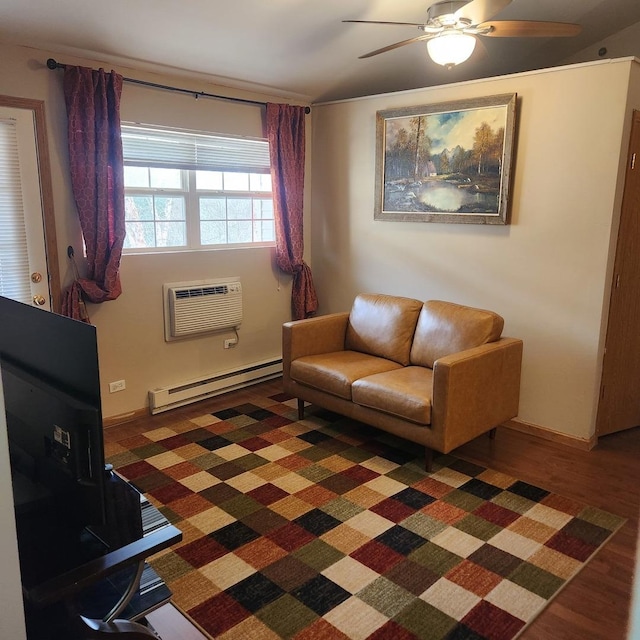 living room with a baseboard radiator, dark wood-type flooring, a wall mounted air conditioner, and ceiling fan