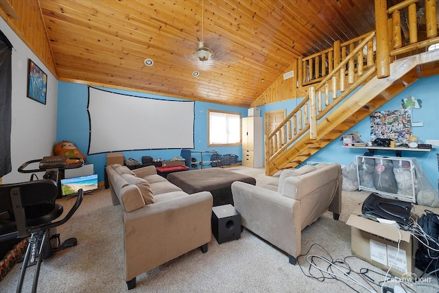 home theater with ceiling fan, high vaulted ceiling, carpet flooring, and wood ceiling