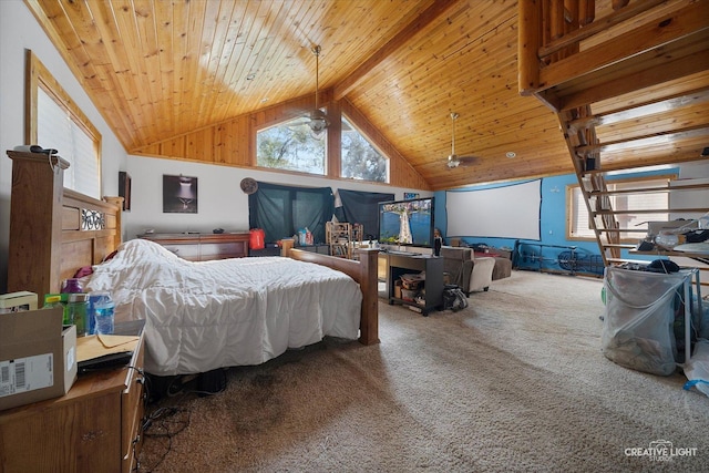 bedroom featuring beamed ceiling, carpet flooring, high vaulted ceiling, and wooden ceiling