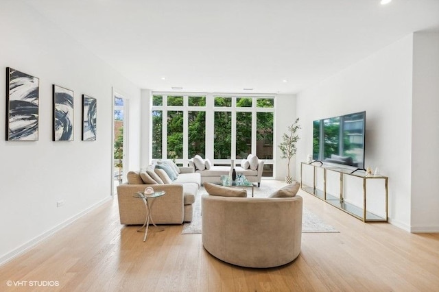 living room featuring light hardwood / wood-style floors and expansive windows